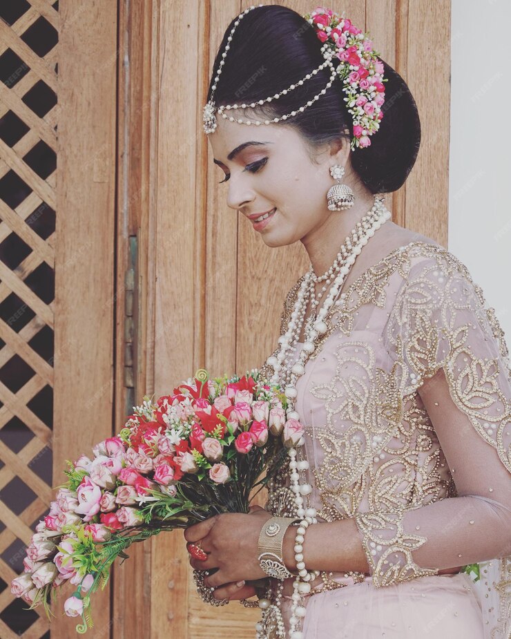 side-view-young-woman-traditional-clothing-holding-bouquet-while-standing-against-door_1048944-14983275